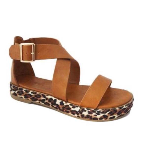 Cognac Leopard Sole Faux Leather Sandals - Picture 4 of 4